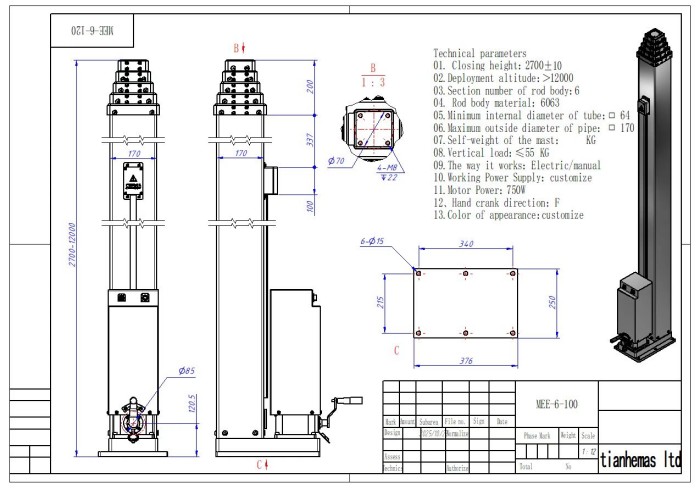 Spindle rope driven telescopic mast